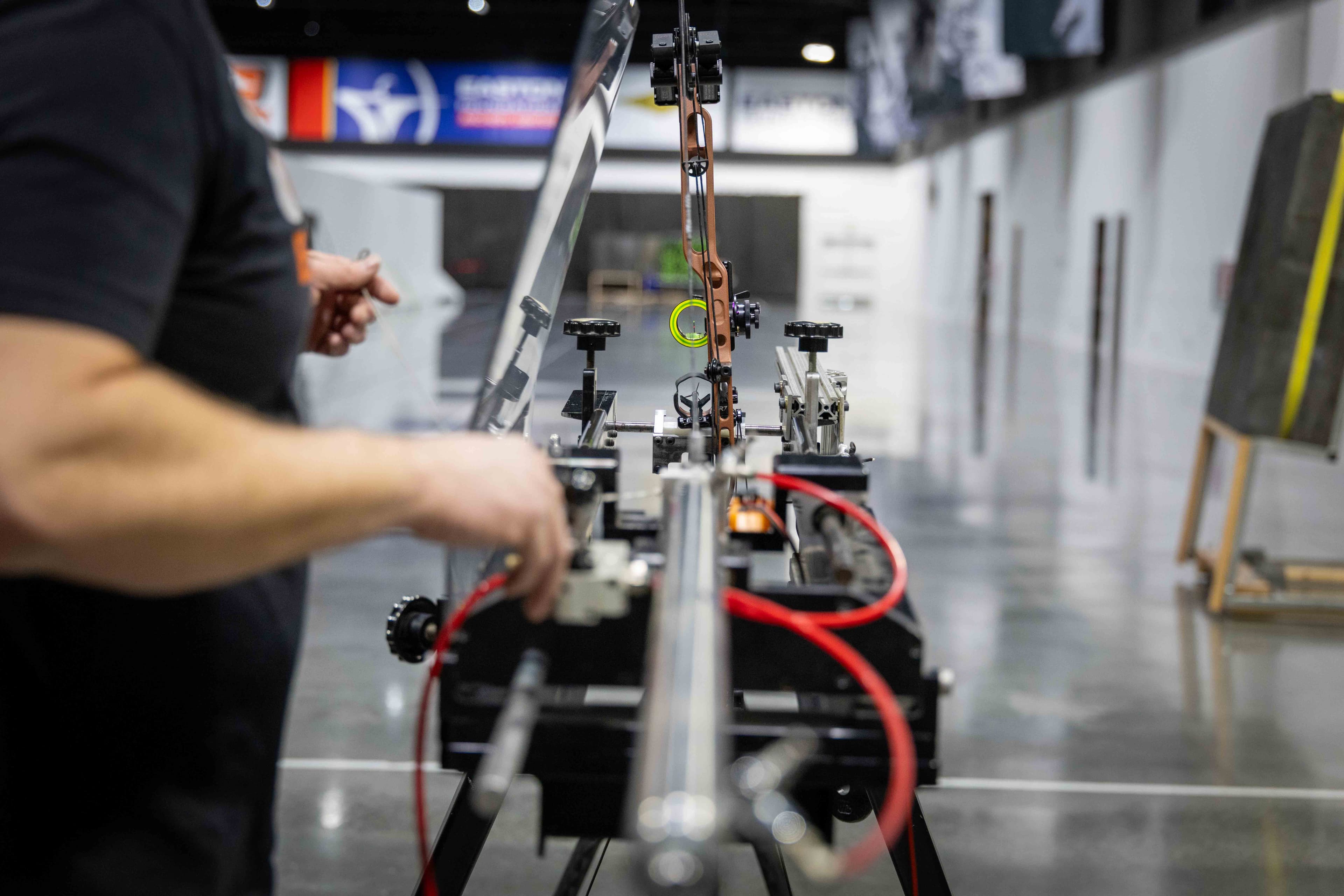 Close-up of the shooting rig and arrow setup